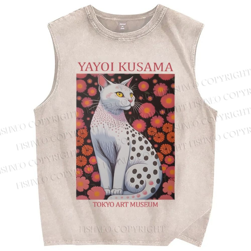 Unisex Yayoi Kusama Cat Printed Washed Tank Top