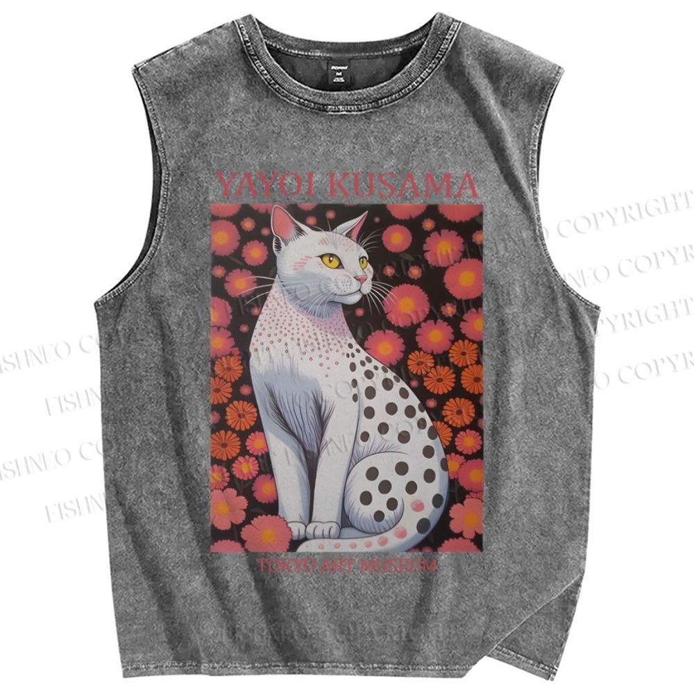 Unisex Yayoi Kusama Cat Printed Washed Tank Top