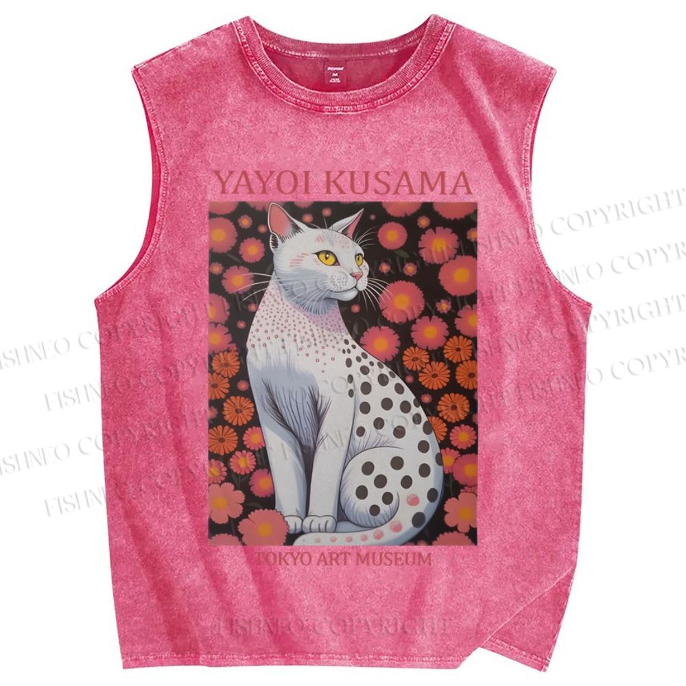 Unisex Yayoi Kusama Cat Printed Washed Tank Top