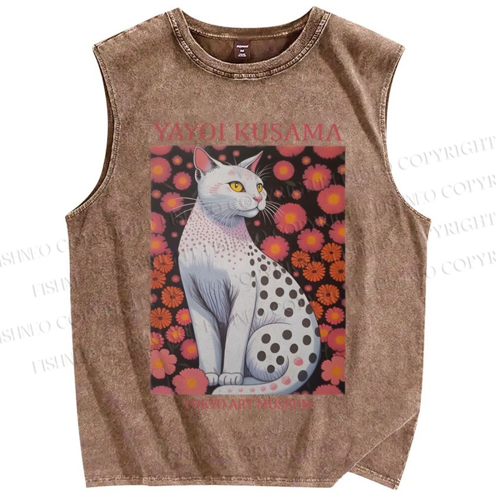 Unisex Yayoi Kusama Cat Printed Washed Tank Top