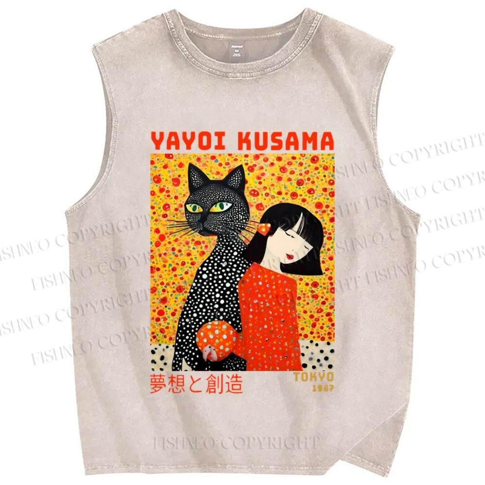Unisex Yayoi Kusama Cat and Woman Printed Washed Tank Top