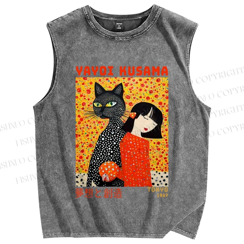 Unisex Yayoi Kusama Cat and Woman Printed Washed Tank Top