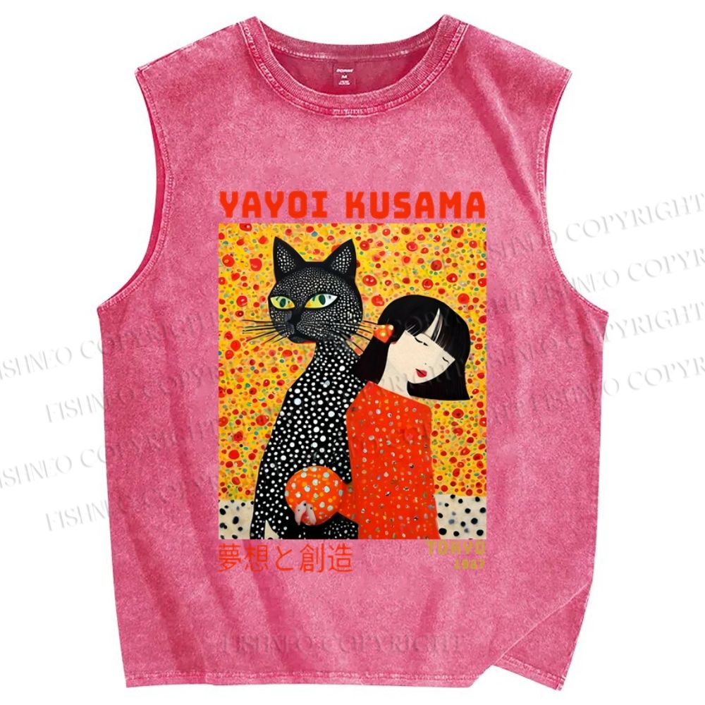 Unisex Yayoi Kusama Cat and Woman Printed Washed Tank Top