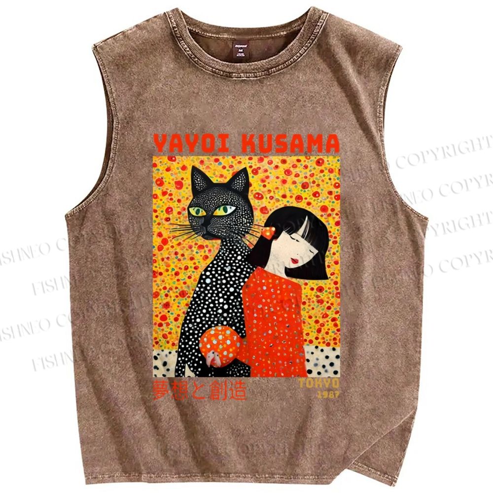 Unisex Yayoi Kusama Cat and Woman Printed Washed Tank Top