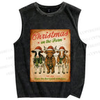 Unisex Christmas Funny Cow Printed Washed Tank Top