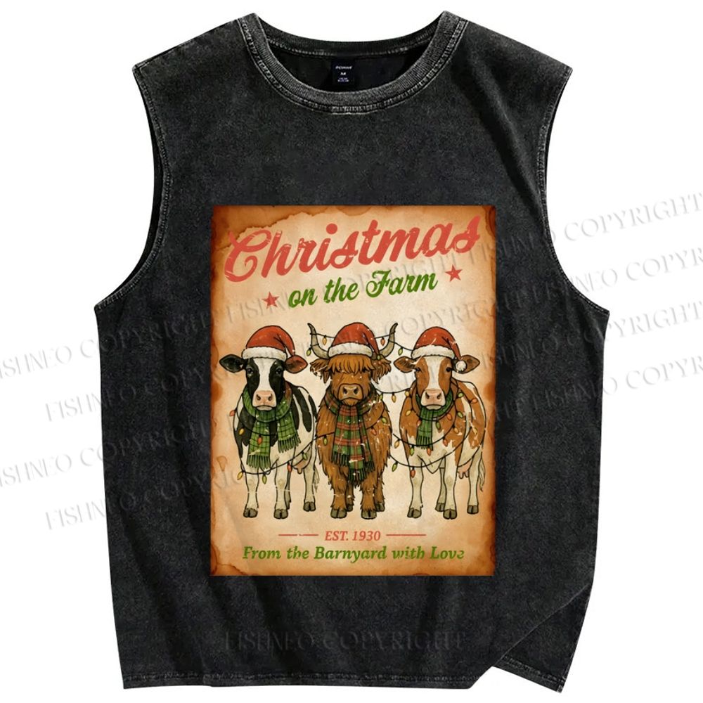 Unisex Christmas Funny Cow Printed Washed Tank Top