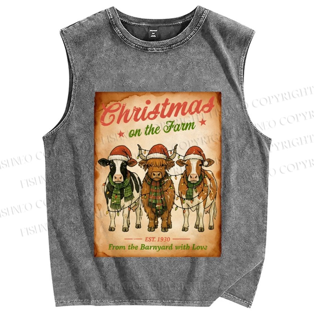 Unisex Christmas Funny Cow Printed Washed Tank Top