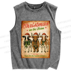 Unisex Christmas Funny Cow Printed Washed Tank Top