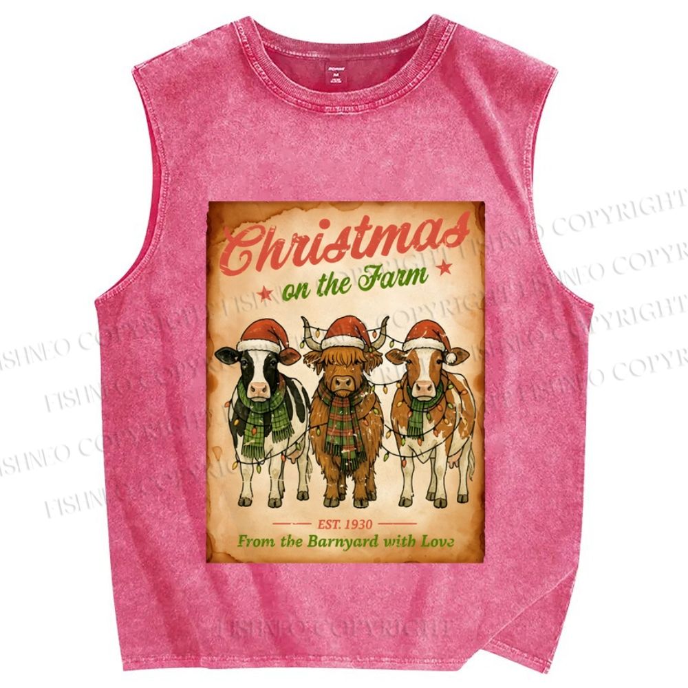 Unisex Christmas Funny Cow Printed Washed Tank Top