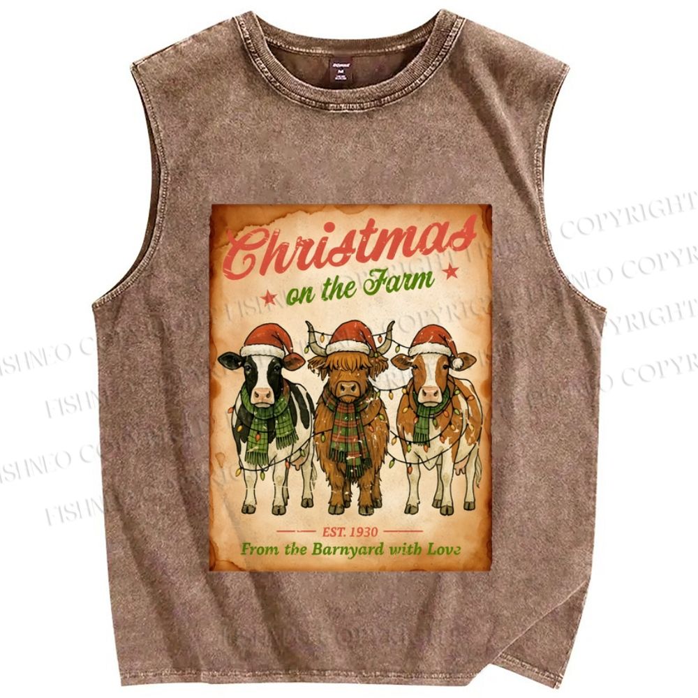 Unisex Christmas Funny Cow Printed Washed Tank Top