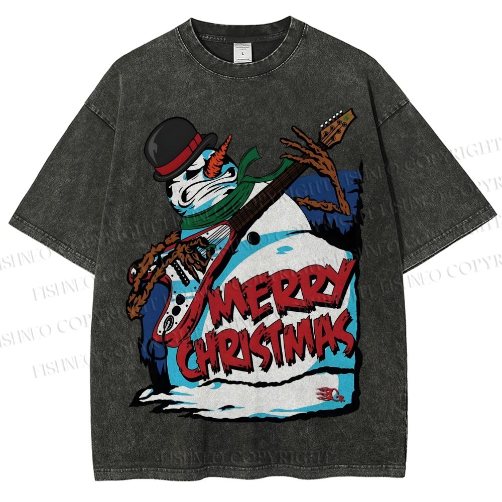 Unisex Christmas Snowman Guitar Printed Washed Tee