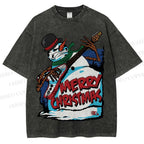 Unisex Christmas Snowman Guitar Printed Washed Tee