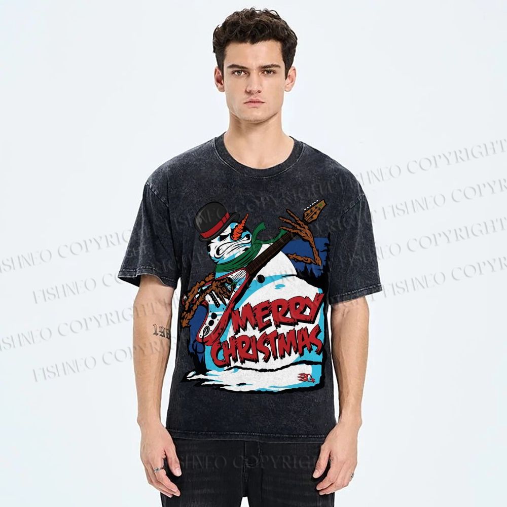 Unisex Christmas Snowman Guitar Printed Washed Tee