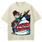 Unisex Christmas Snowman Guitar Printed Washed Tee