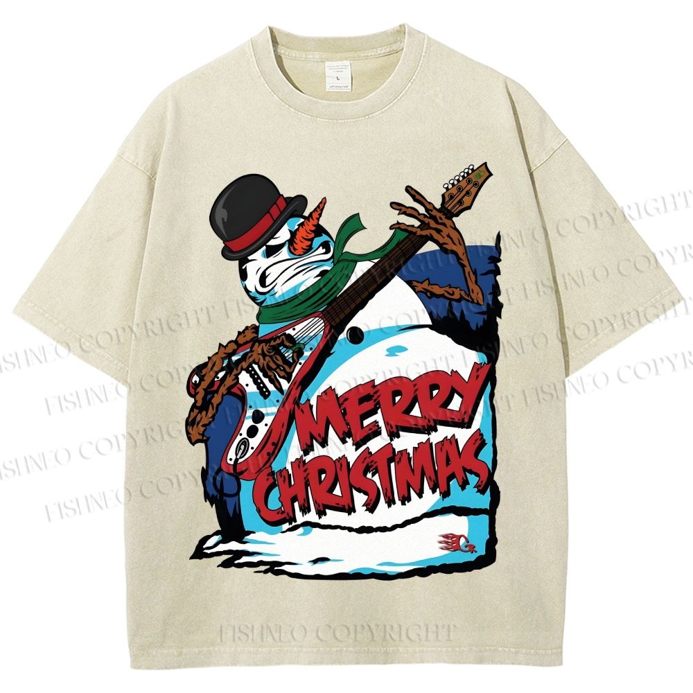 Unisex Christmas Snowman Guitar Printed Washed Tee