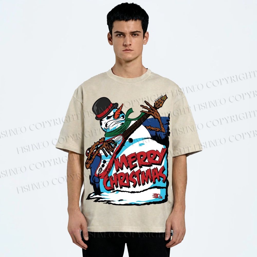 Unisex Christmas Snowman Guitar Printed Washed Tee