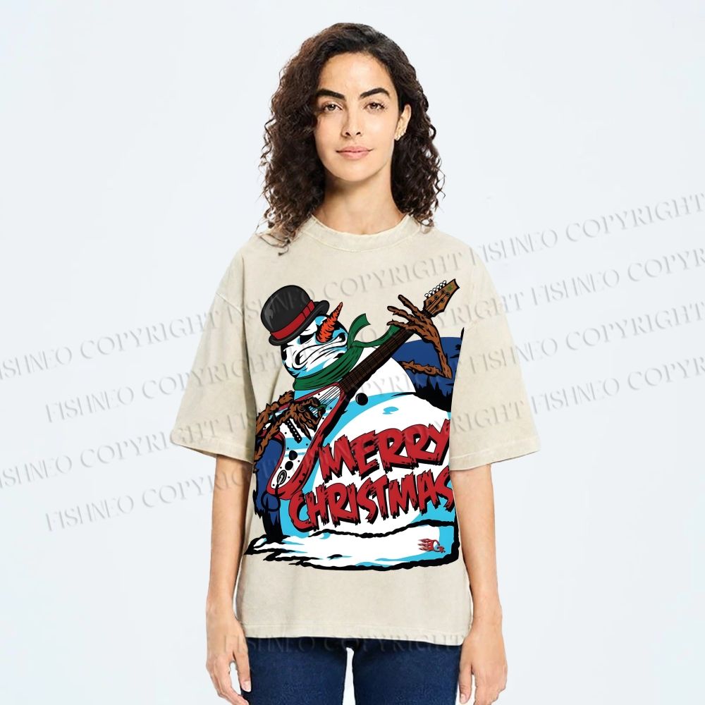 Unisex Christmas Snowman Guitar Printed Washed Tee