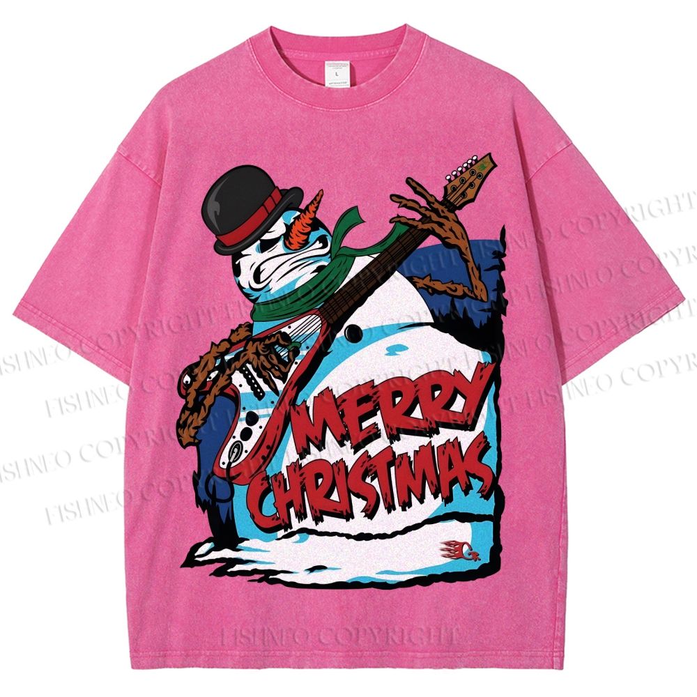 Unisex Christmas Snowman Guitar Printed Washed Tee