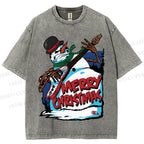 Unisex Christmas Snowman Guitar Printed Washed Tee
