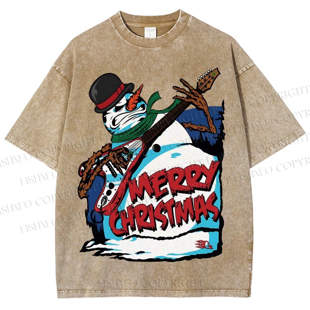 Unisex Christmas Snowman Guitar Printed Washed Tee