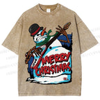 Unisex Christmas Snowman Guitar Printed Washed Tee