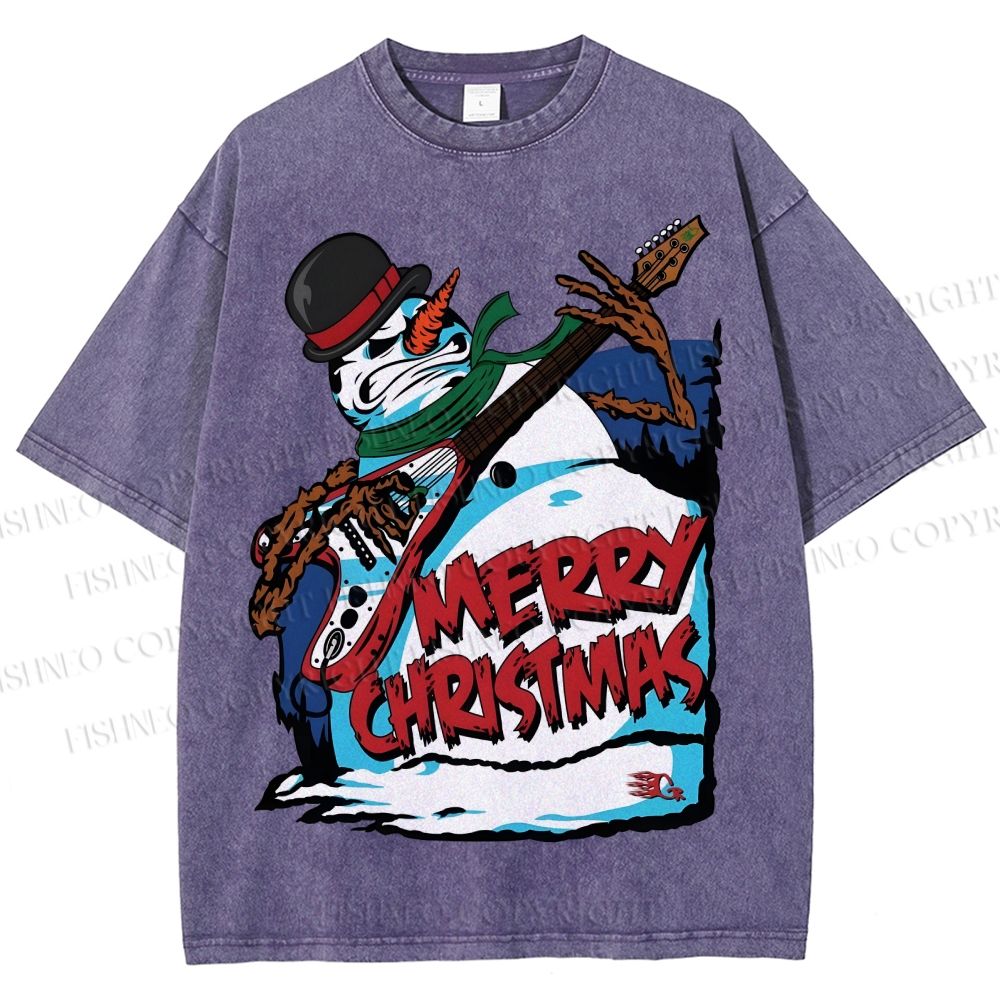 Unisex Christmas Snowman Guitar Printed Washed Tee