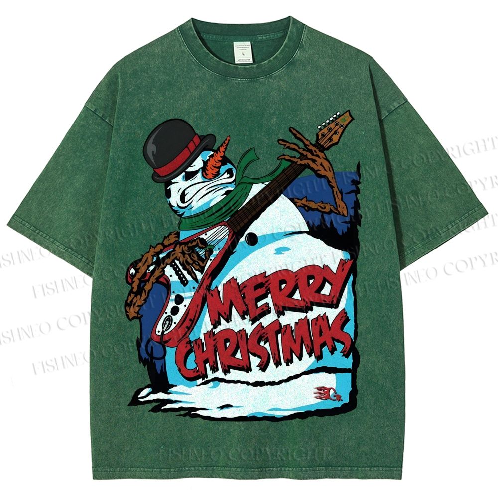 Unisex Christmas Snowman Guitar Printed Washed Tee