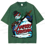 Unisex Christmas Snowman Guitar Printed Washed Tee