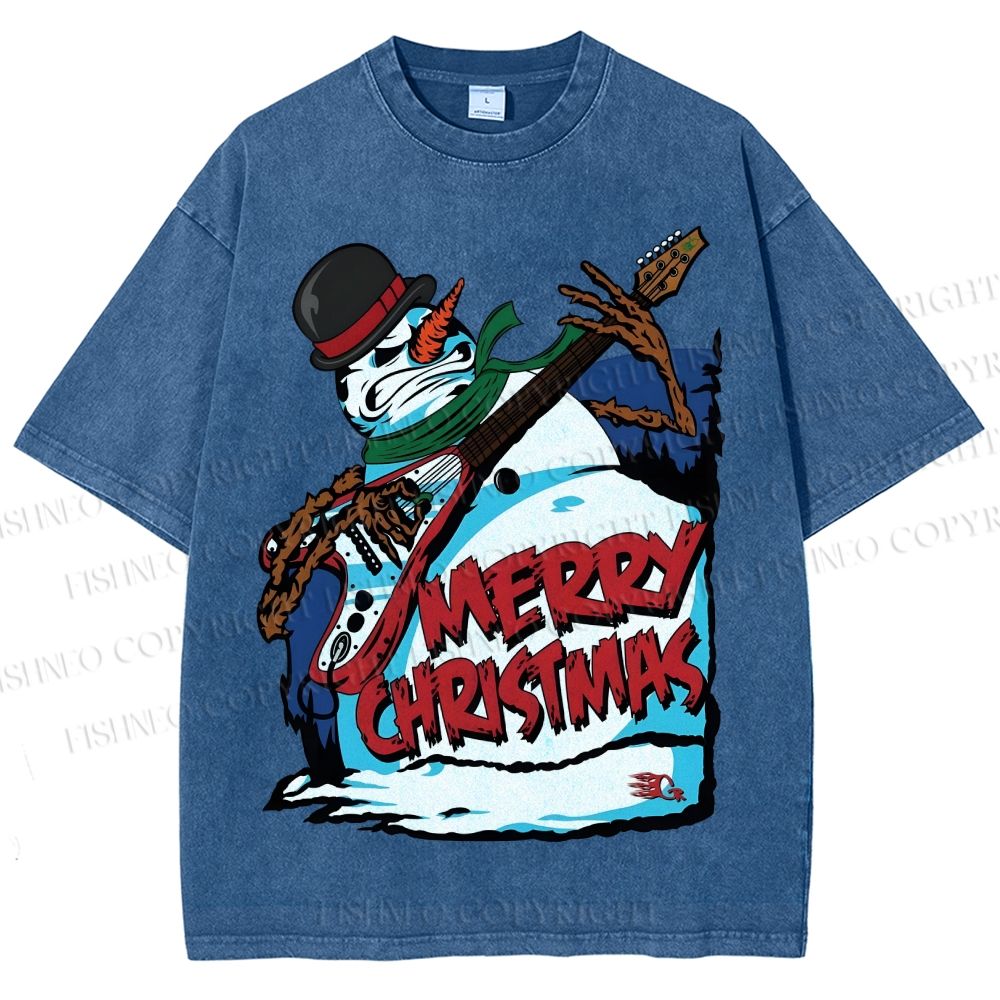 Unisex Christmas Snowman Guitar Printed Washed Tee