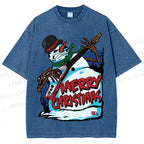 Unisex Christmas Snowman Guitar Printed Washed Tee
