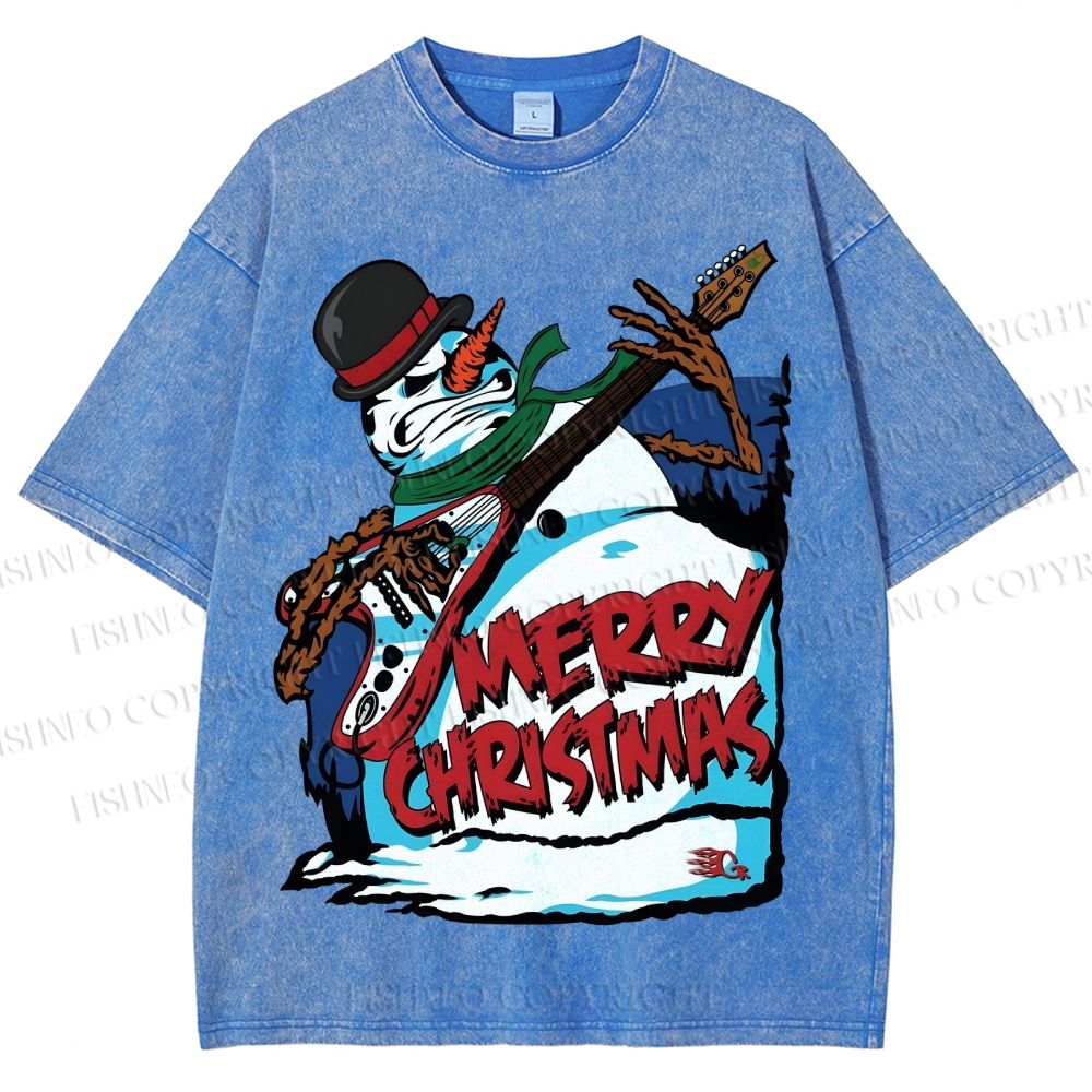 Unisex Christmas Snowman Guitar Printed Washed Tee