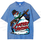 Unisex Christmas Snowman Guitar Printed Washed Tee