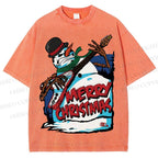 Unisex Christmas Snowman Guitar Printed Washed Tee