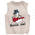 Unisex Christmas Rock On Snowman Printed Washed Tank Top