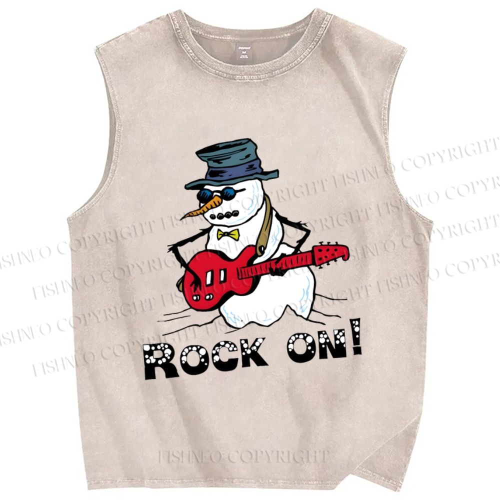 Unisex Christmas Rock On Snowman Printed Washed Tank Top