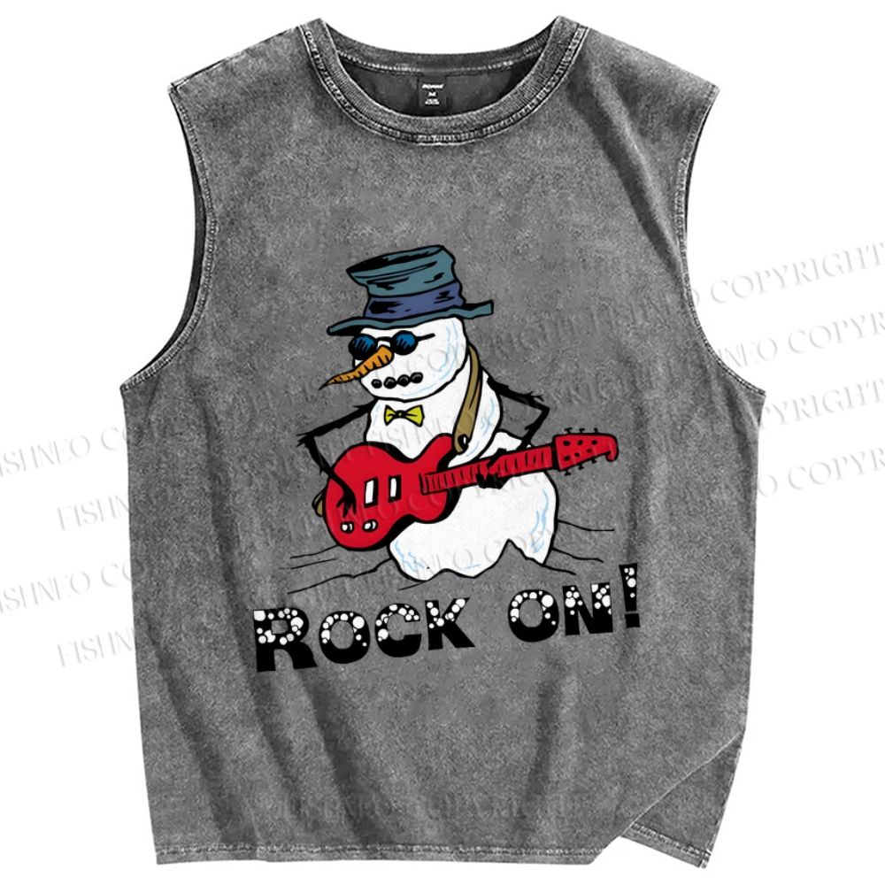 Unisex Christmas Rock On Snowman Printed Washed Tank Top