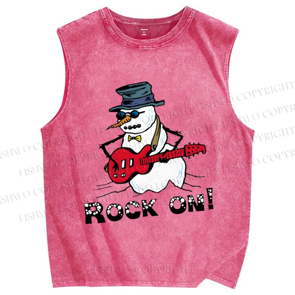 Unisex Christmas Rock On Snowman Printed Washed Tank Top