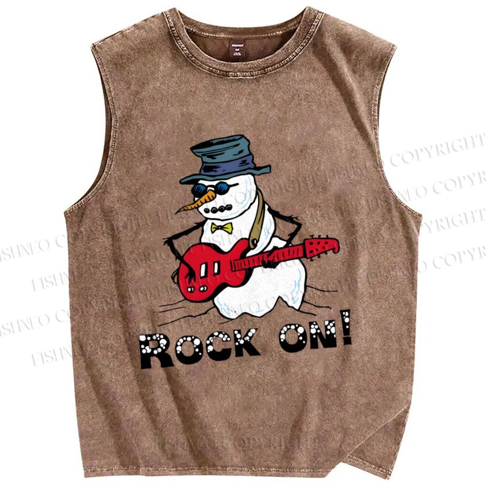 Unisex Christmas Rock On Snowman Printed Washed Tank Top