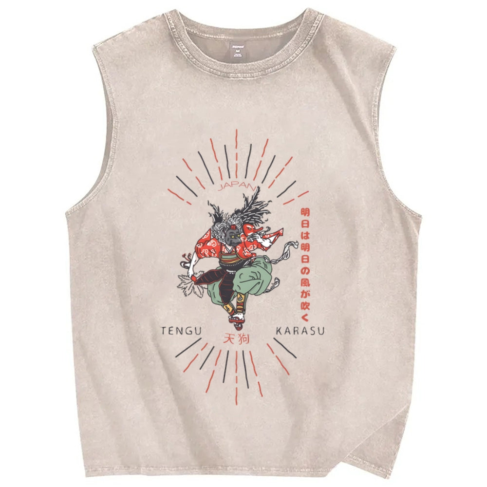 Tengu Karasu Crow Japanese demon Vintage Distressed Washed Tank Top