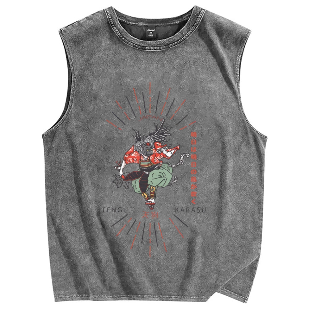 Tengu Karasu Crow Japanese demon Vintage Distressed Washed Tank Top