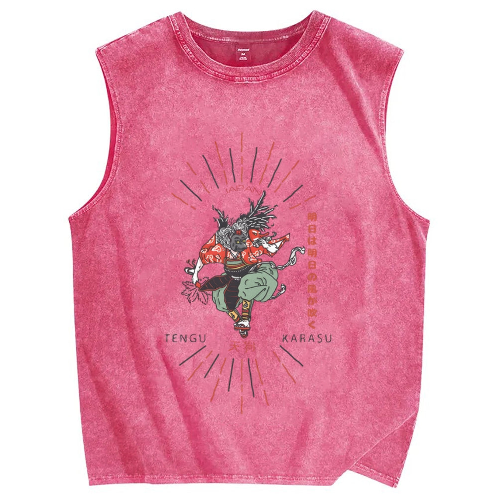 Tengu Karasu Crow Japanese demon Vintage Distressed Washed Tank Top