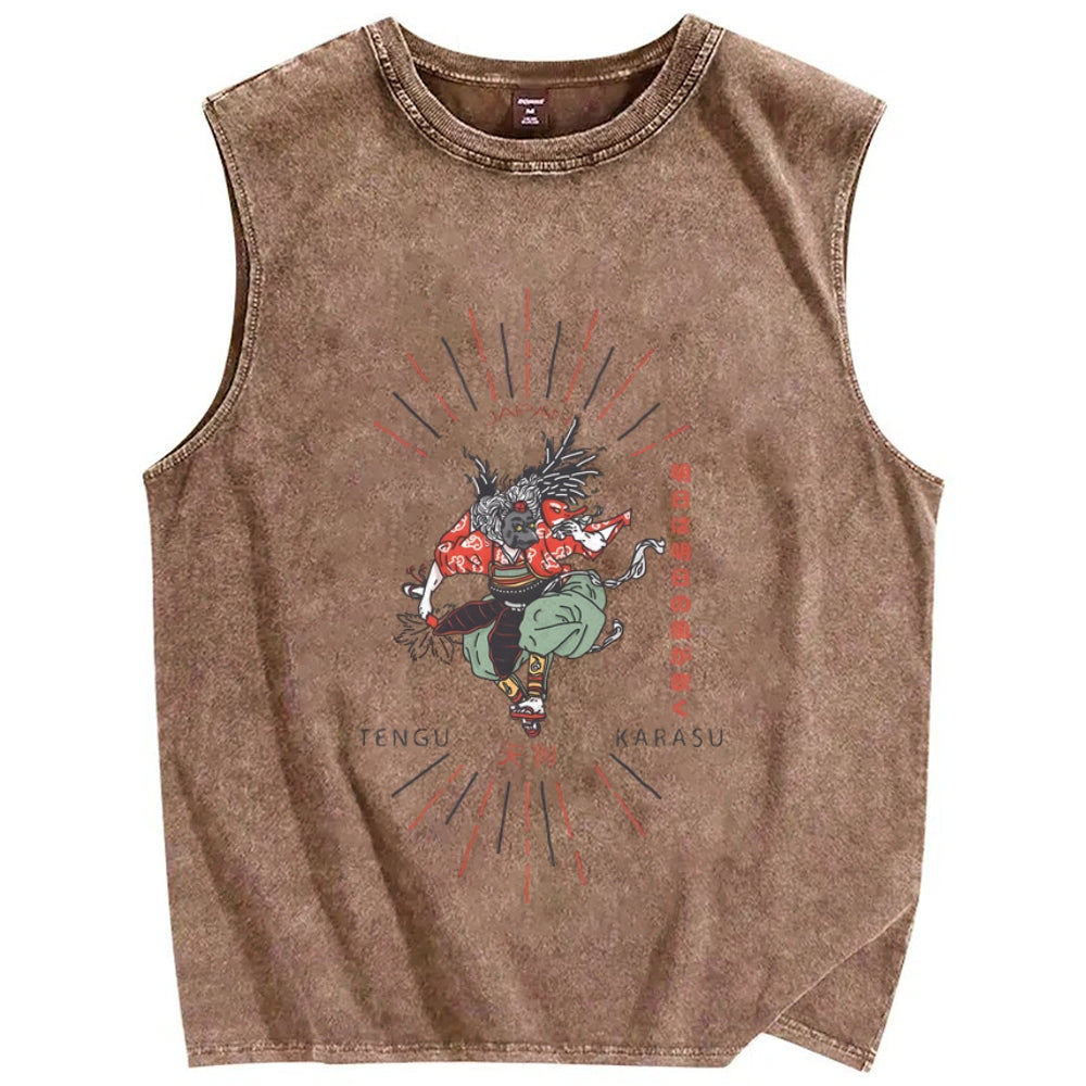 Tengu Karasu Crow Japanese demon Vintage Distressed Washed Tank Top