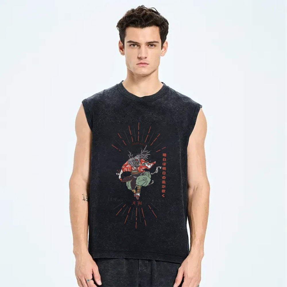 Tengu Karasu Crow Japanese demon Vintage Distressed Washed Tank Top