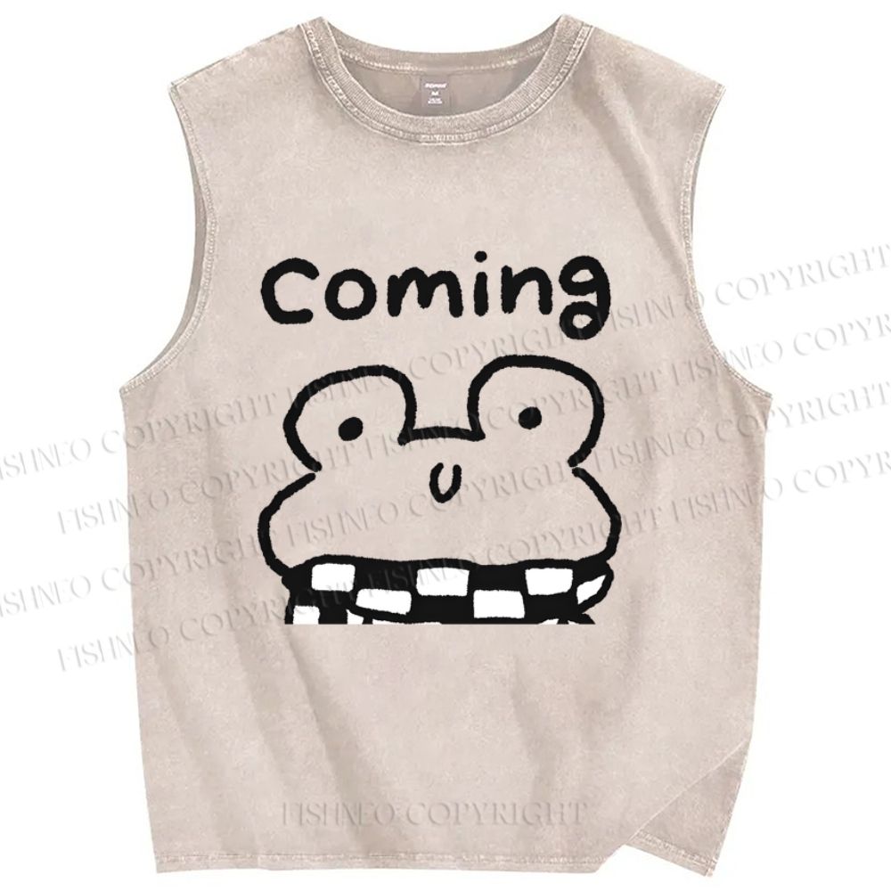 Unisex Coming Frog Printed Washed Tank Top