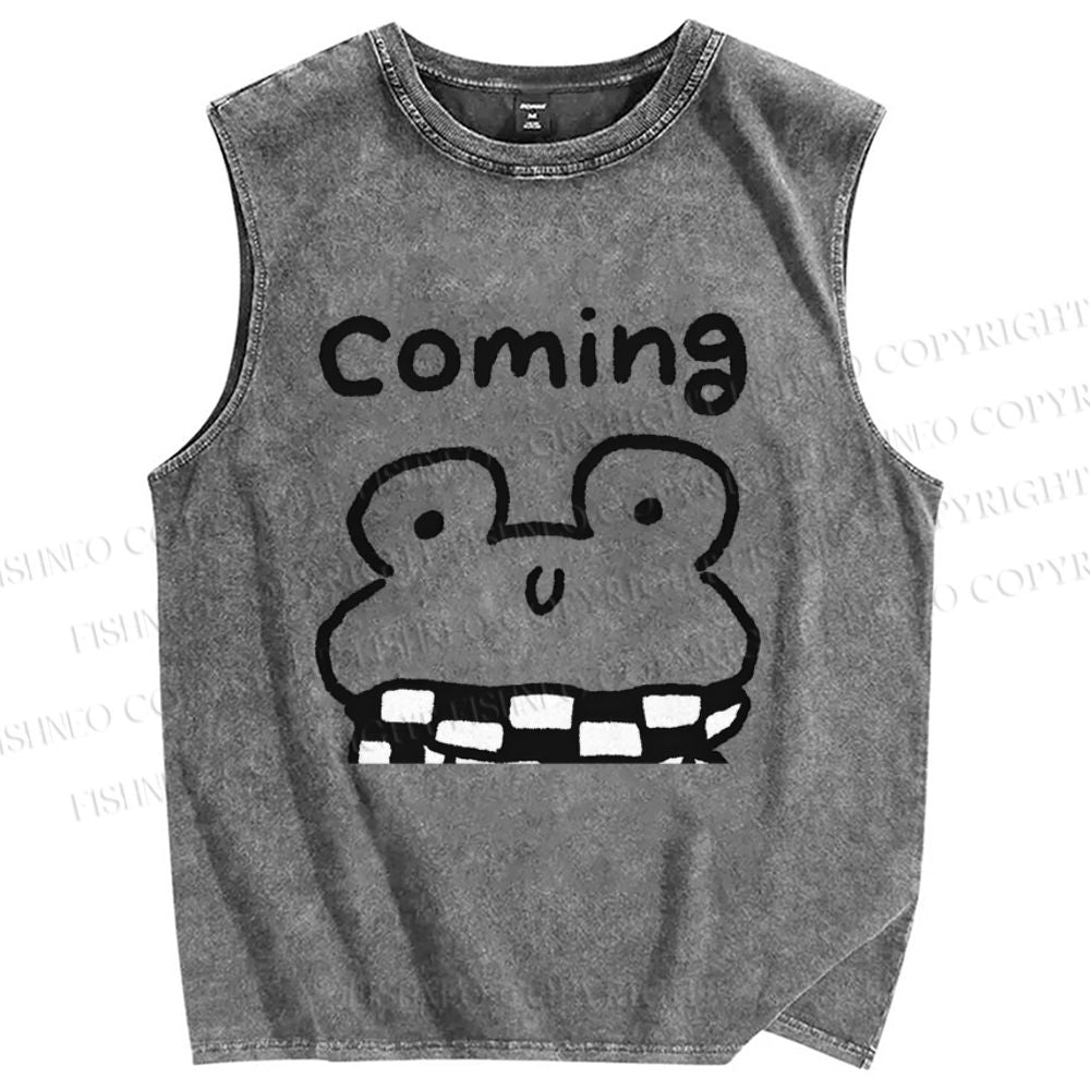 Unisex Coming Frog Printed Washed Tank Top
