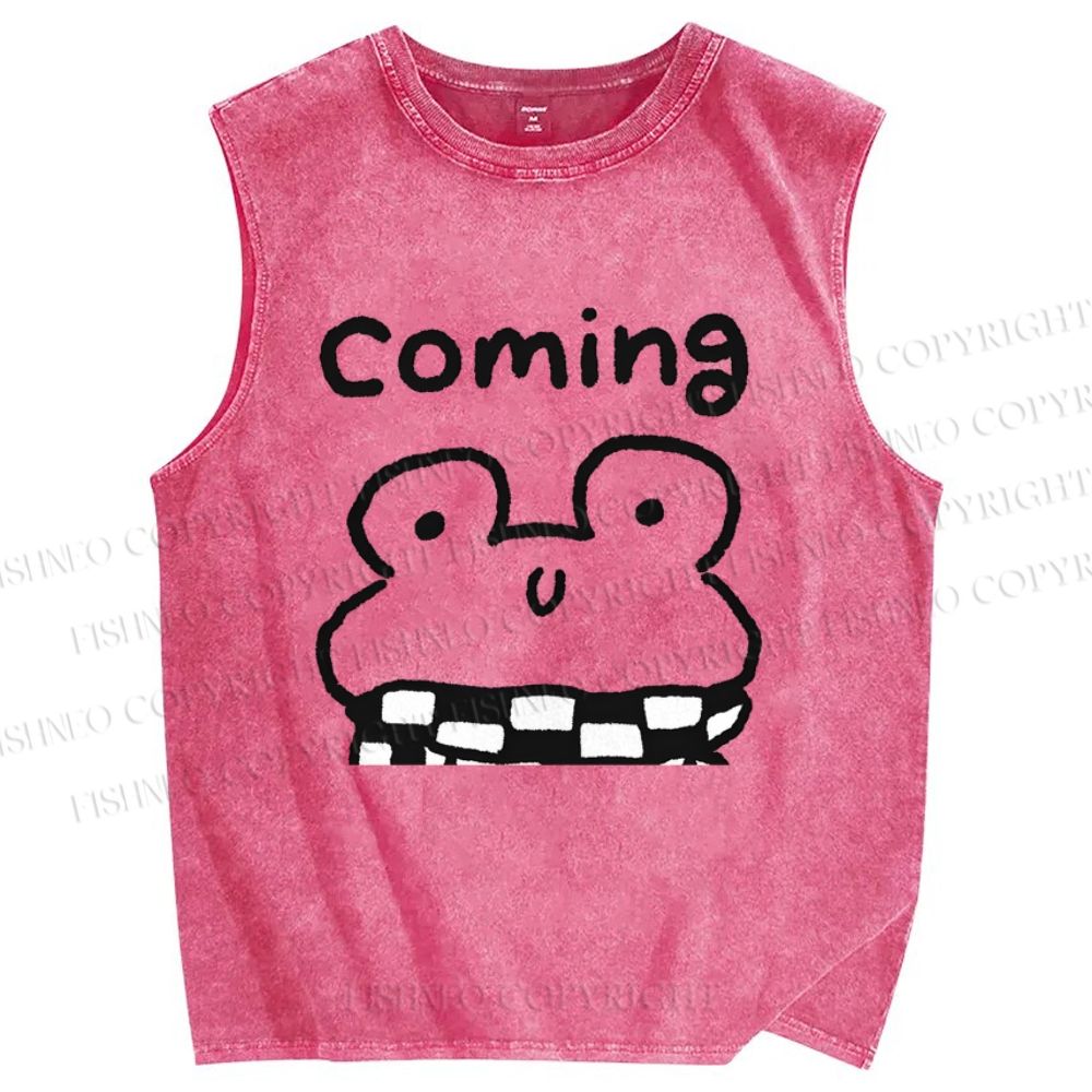Unisex Coming Frog Printed Washed Tank Top