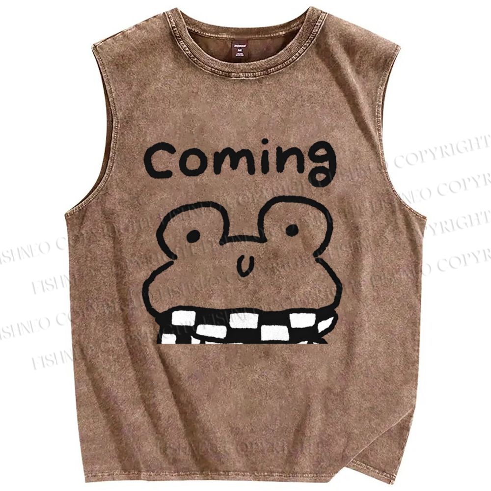 Unisex Coming Frog Printed Washed Tank Top