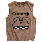 Unisex Coming Frog Printed Washed Tank Top