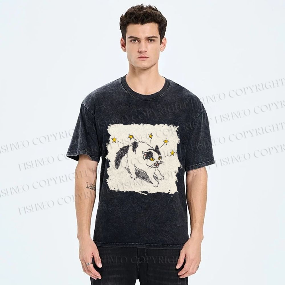 Unisex Spooky Cat Stars Printed Washed Tee