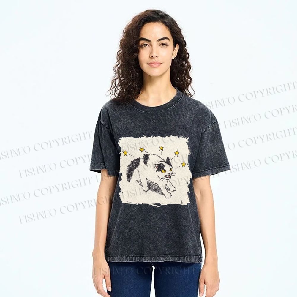 Unisex Spooky Cat Stars Printed Washed Tee